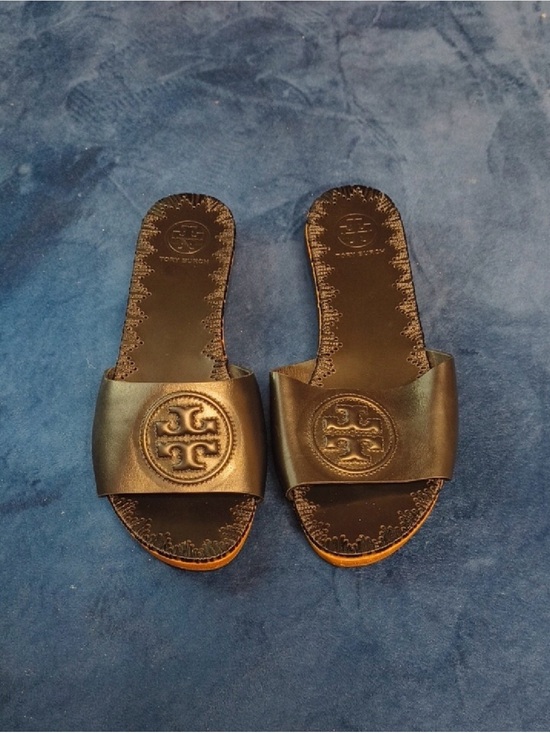 Tory Burch Shoes - Tory Burch Black Leather Logo Slide Sandals